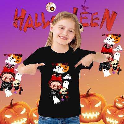 Детская футболка на Хэллоуин LABUBU&Halloween Party Pattern Printed Girl с коротким рукавом и круглым вырезом.