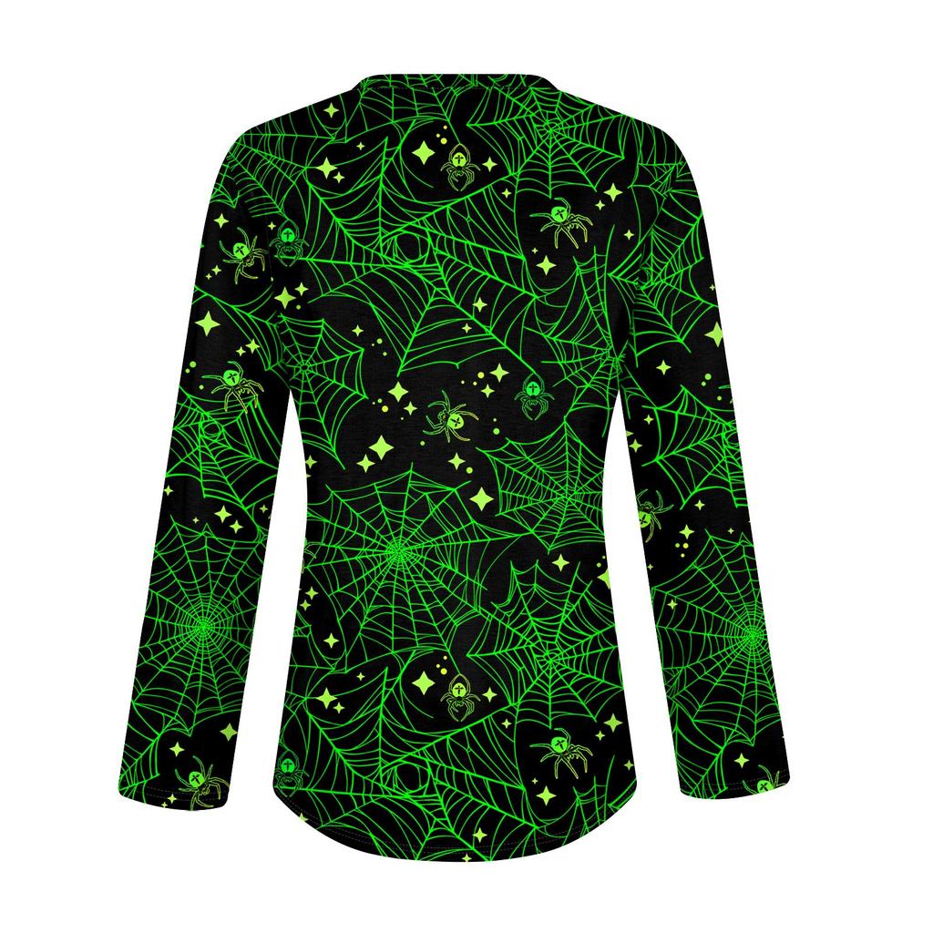 Женская повседневная мода, сексуальный комфорт, Хэллоуин с принтом и v-образным вырезом, пуговицы, длинный рукав