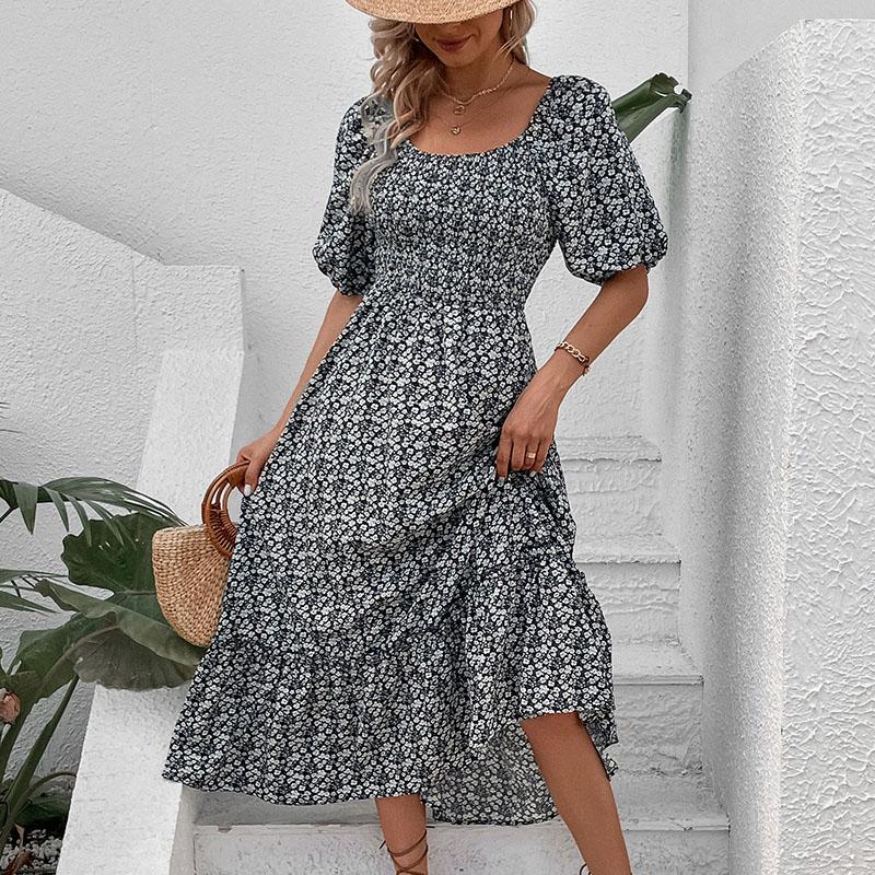 2024 летнее новое женское платье с квадратным вырезом и принтом, сексуальное платье с открытой спиной, длинные элегантные модные платья с короткими рукавами для дам