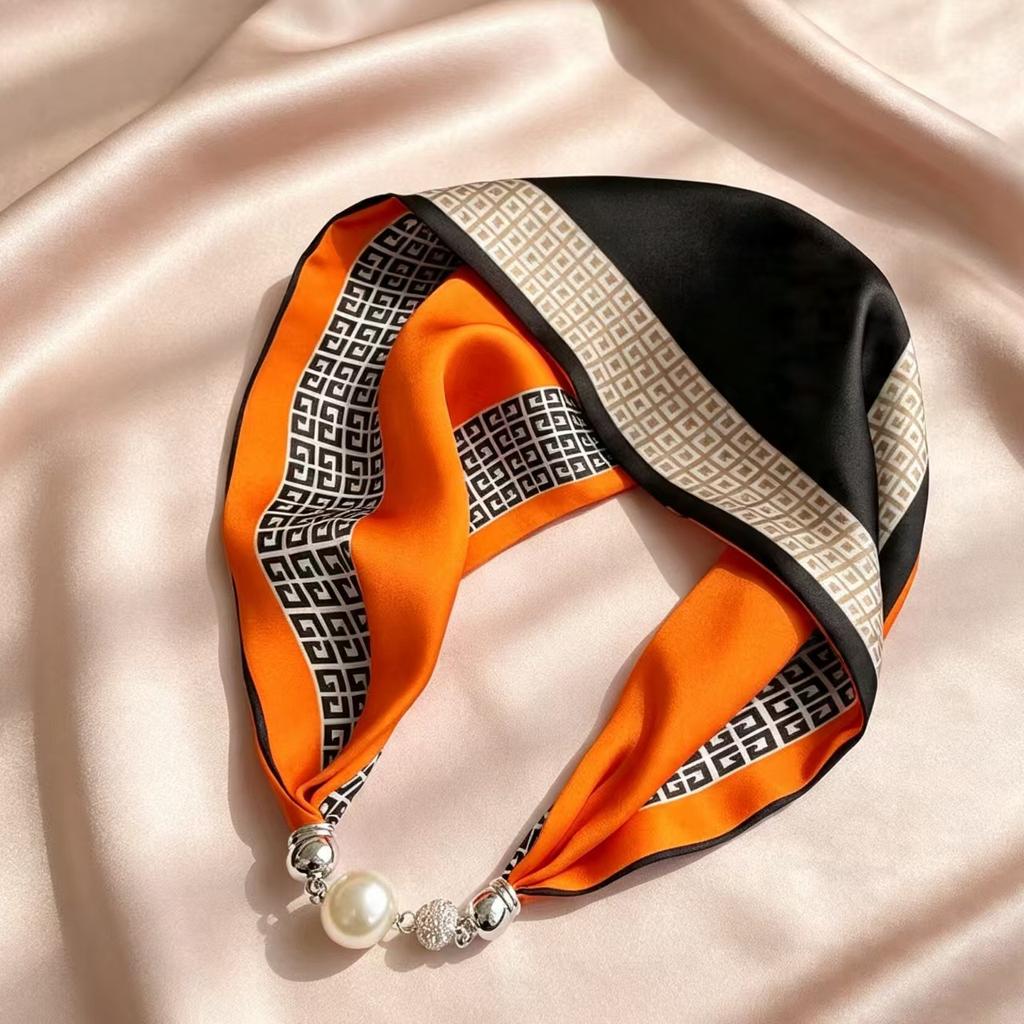 New retro pearl magnetic buckle small silk scarf women's high-end satin printed scarf summer versatile small scarf