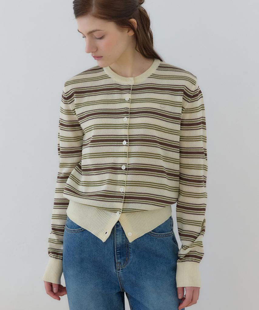 OURHOPE Sheer Multi-Stripe Round Neck Cardigan - Yellow