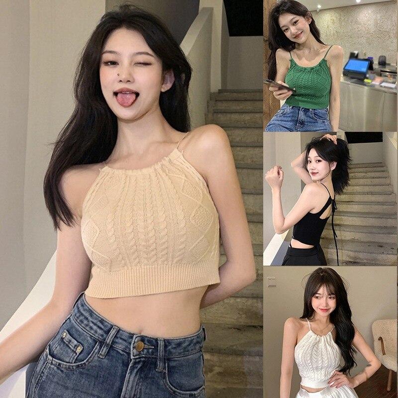 Woman Sling Short Vest Knitted Sleeveless V-Neck Hollow Out Slim Vests Summer Female Elastic Fashion Backless Tank Top