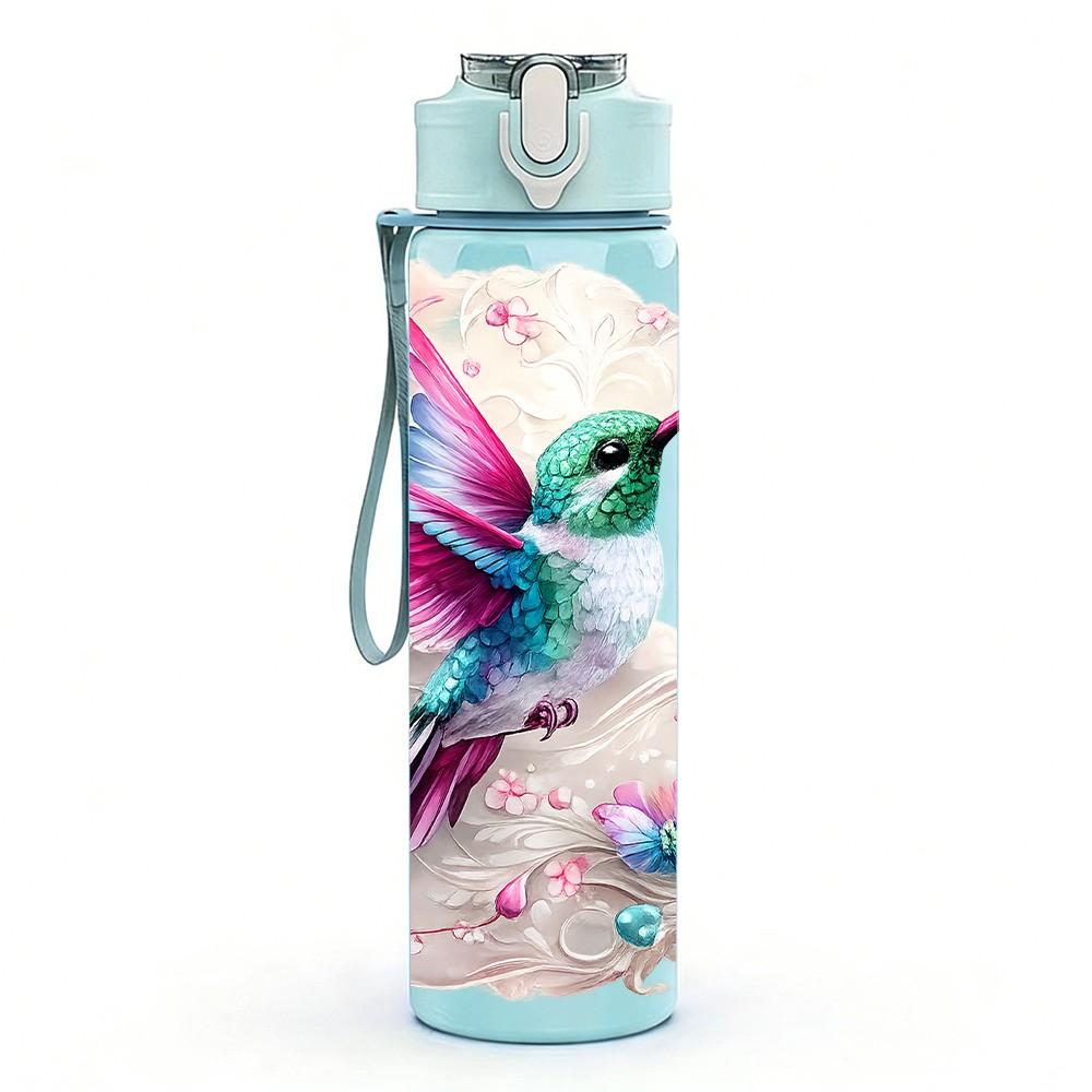 1PC Hummingbird Pink Watercolor Bird Print 750ml Color Plastic Sports Water Bottle Leakproof Flip Straw Lid Suitable for Sports Office Home Use