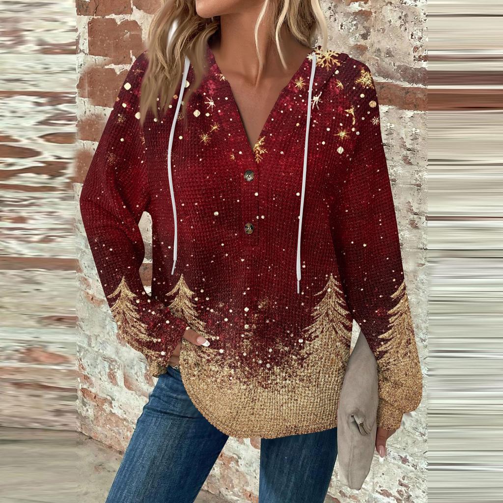 Женская мода с длинным рукавом, завязками на шнурке, капюшоном, пуговицами, V-образным вырезом, повседневная толстовка с капюшоном и рождественским принтом