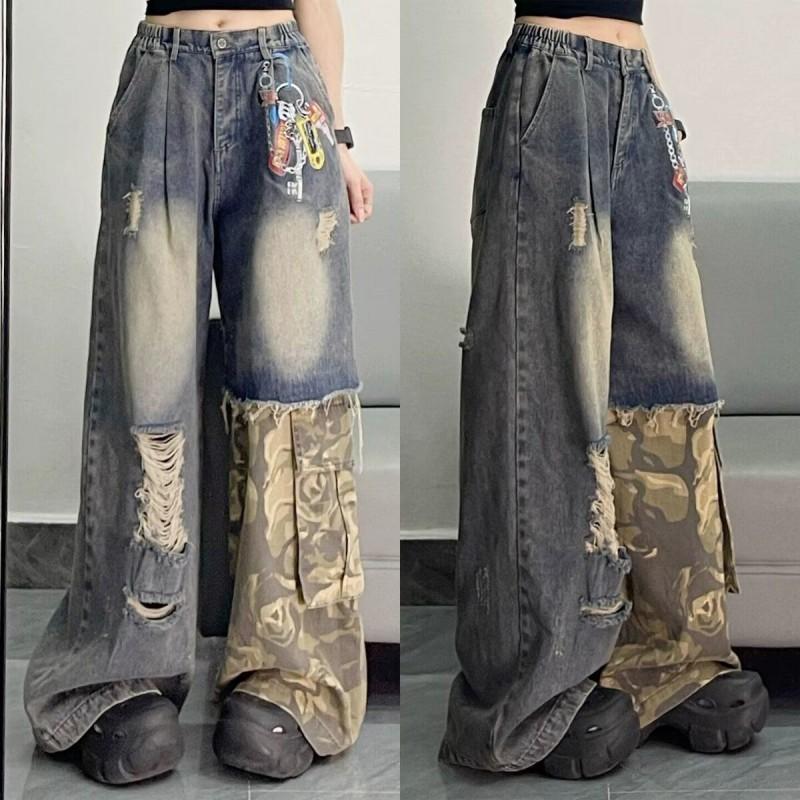 Womens High-Waisted Straight Leg Jeans With Camo Print Distressed Patchwork Loose Fit Fall 2026 Streetwear