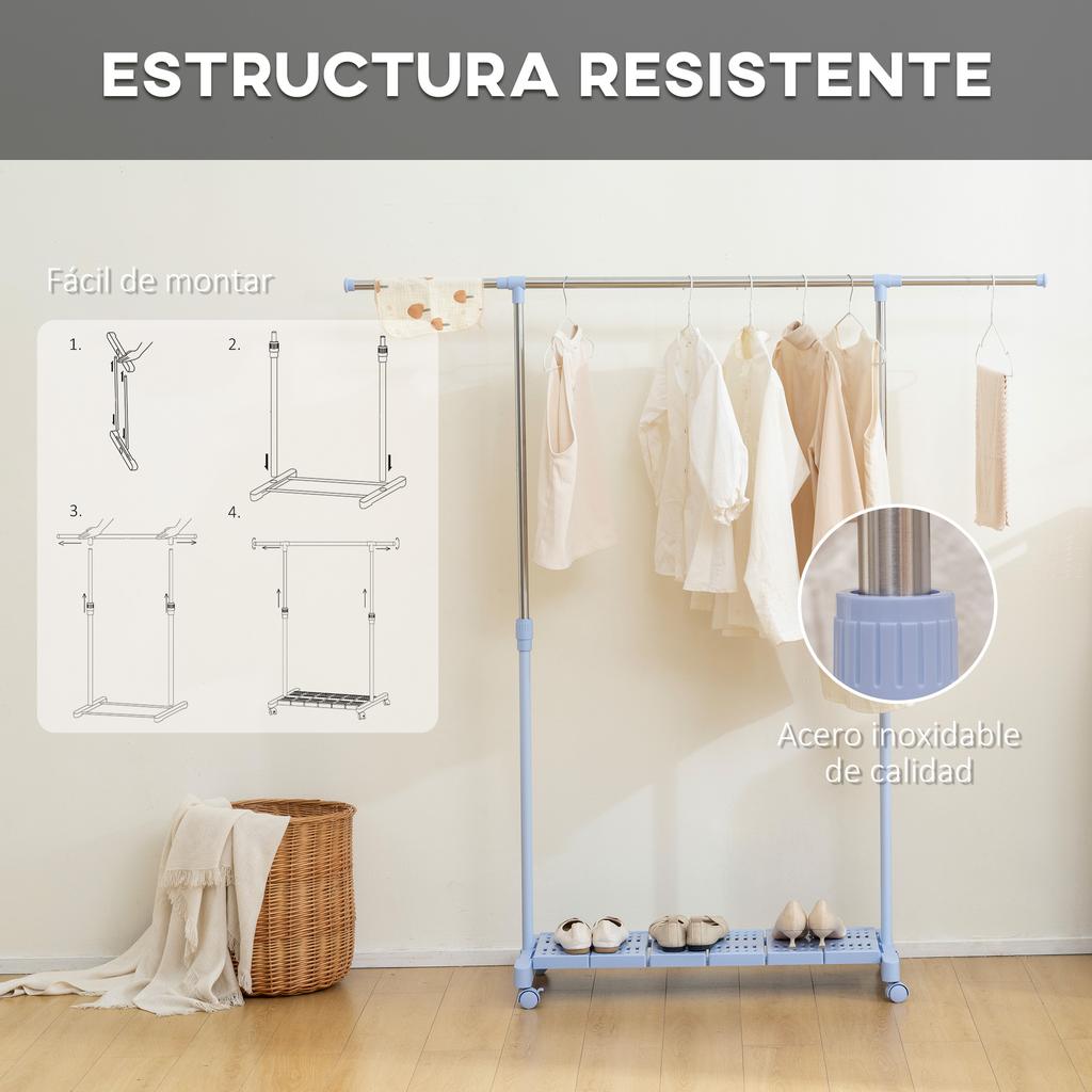 Extendable Clothes Drying Rack with Wheels, Bar and Shoe Rack, 159x42x168cm, Blue & Silver