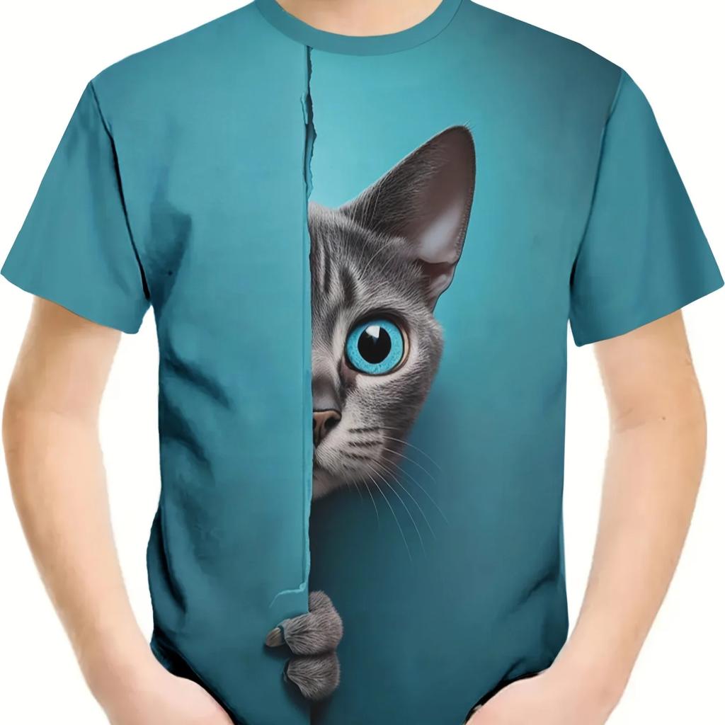 Детская одежда Футболка для девочек и мальчиков с коротким рукавом Детская летняя одежда Футболка с рисунком кота в виде 3D-мультяшной футболки