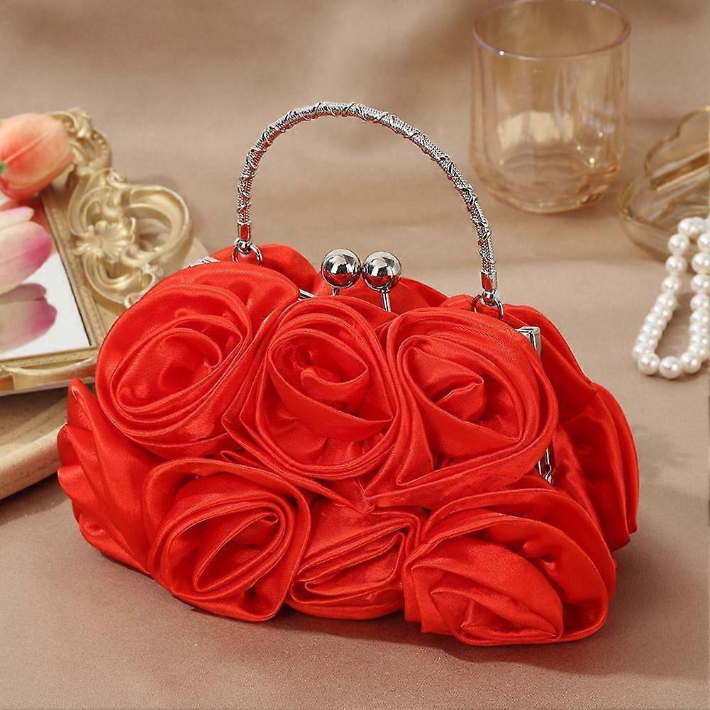 Women Flower Clutch Hand Sewn 14 Roses Satin Faux Silk Wedding Bag Handbag-