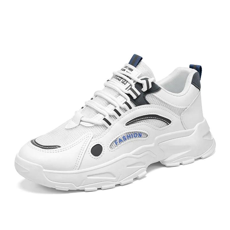 Новые мужские кроссовки с дышащей сеткой корейской версии, белые, на шнуровке, толстая подошва, легкие, удобные, износостойкие кроссовки для бега