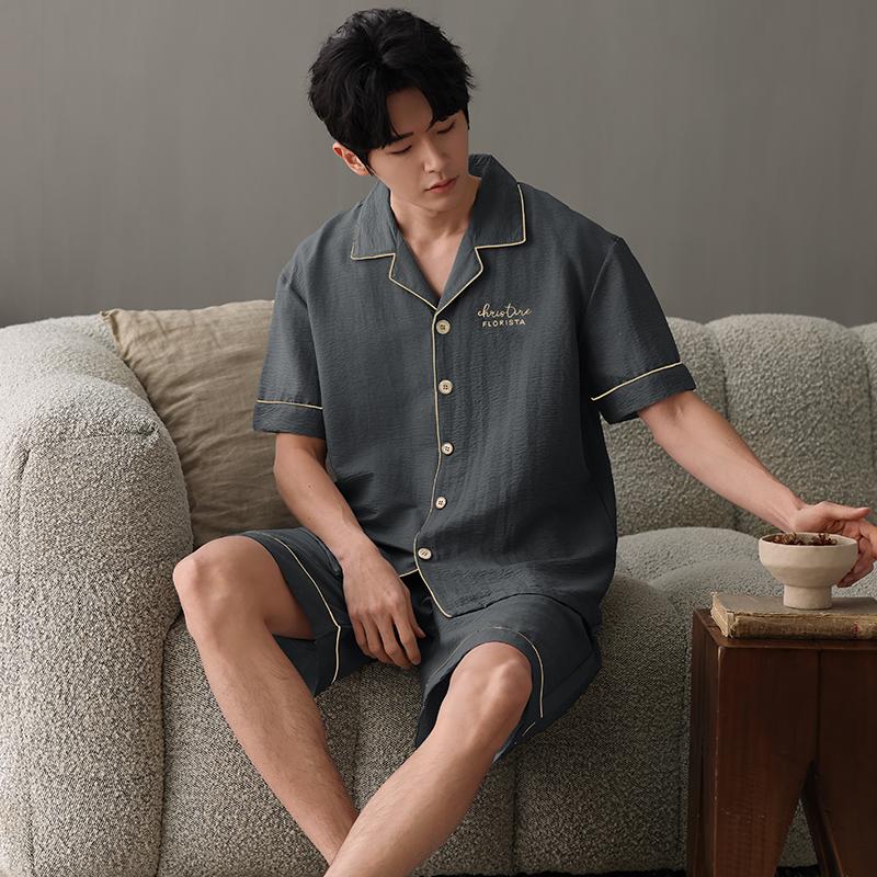 Новый летний тонкий хлопковый мужской пижамный комплект с коротким рукавом, кардиган, однотонная мужская пижама, домашняя одежда, топы и шорты, комплект из 2 предметов для сна