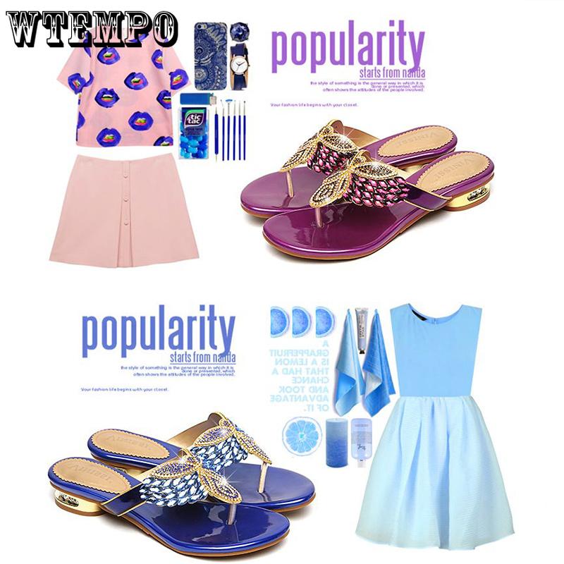 Women's Flip-flops Summer Flat Bottom Low Heel Sexy Fashion Outdoor Versatile Rhinestone Leather Beach Slippers Sandals Rubber EVA Material