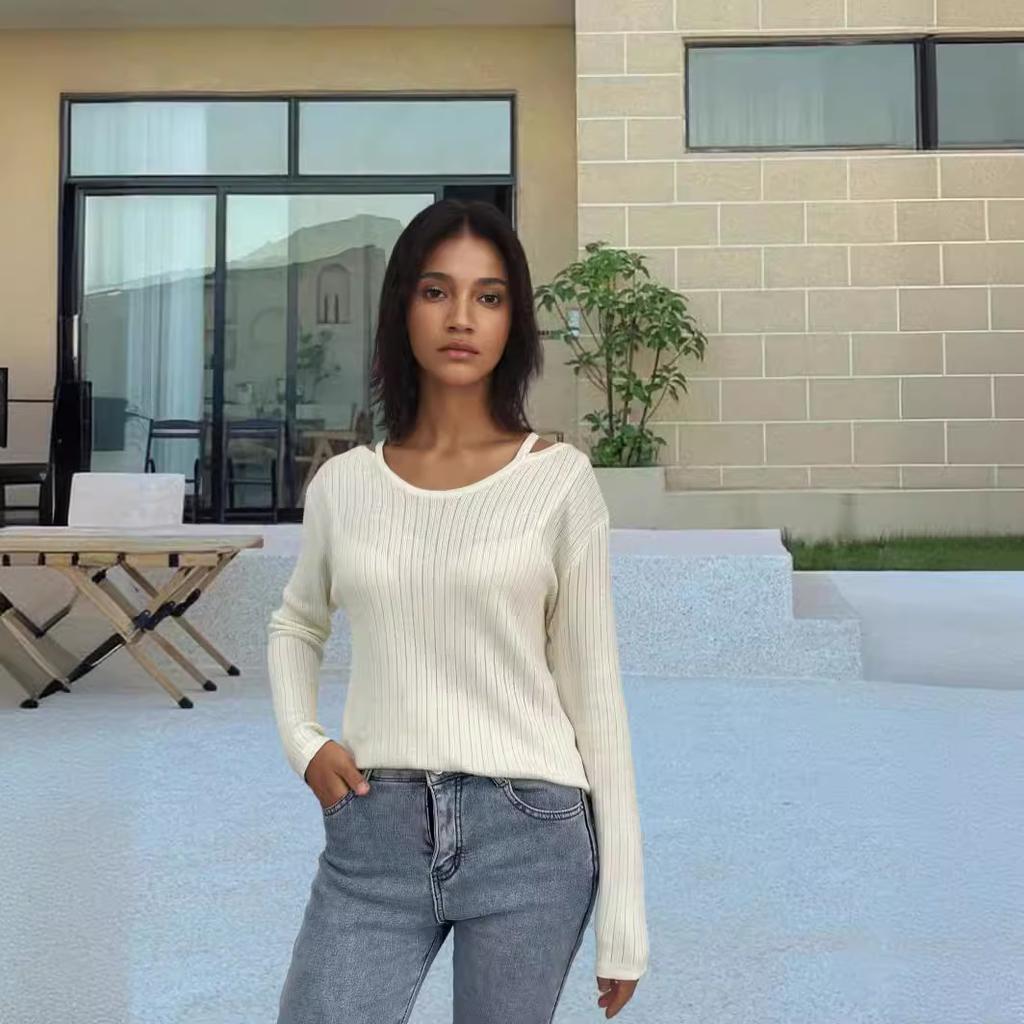 Женский вязаный свитер с круглым вырезом, пуловер с лямками, джемперы с длинным рукавом, полосатый вязаный свитер, верхняя одежда