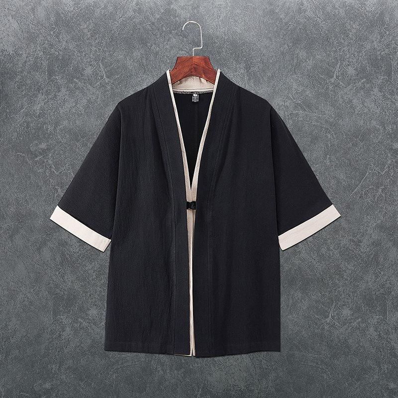 Chinese Style Linen Tang Suit Taoist Robe Men's Loose Thin Japanese Kimono Three-quarter Sleeve Hanfu Cloak Jacket
