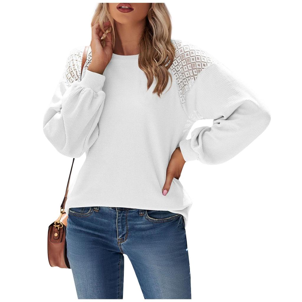 Women's Fashion Casual Solid Color Striped Round Neck Pullover Lace Long Sleeve Top T-shirt