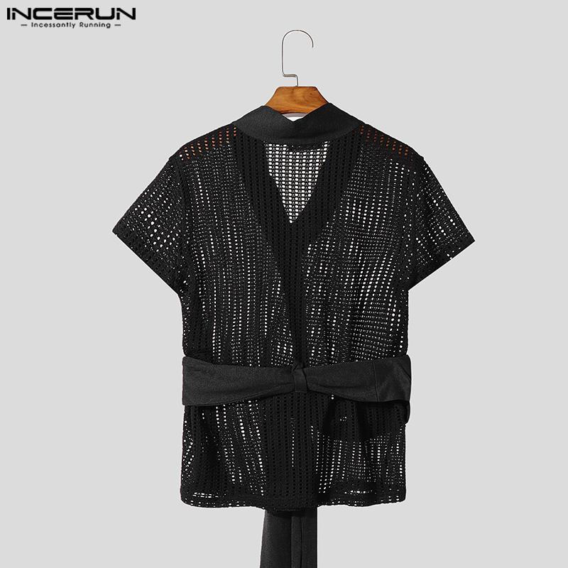 INCERUN Мужские пляжные футболки с V-образным вырезом и коротким рукавом, ажурной отделкой спереди и перекрестными повязками