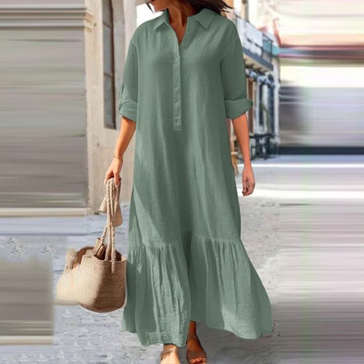 European & American Cotton Linen Irregular Long Casual Dress with Twist Button & Shirt Collar