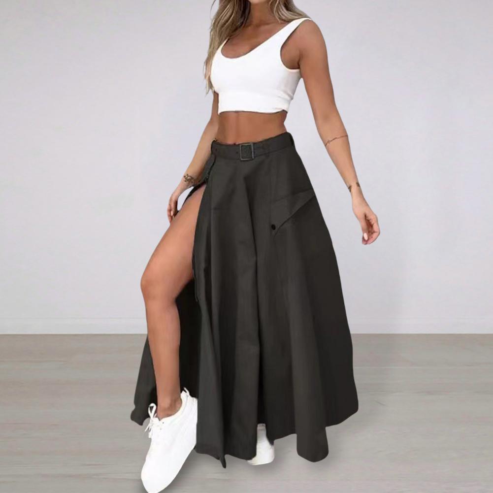 Women Round Neck Vest Elegant Women's Top Skirt Set with High Waist Split Maxi Skirt Sleeveless Crop Top Belt Solid Color