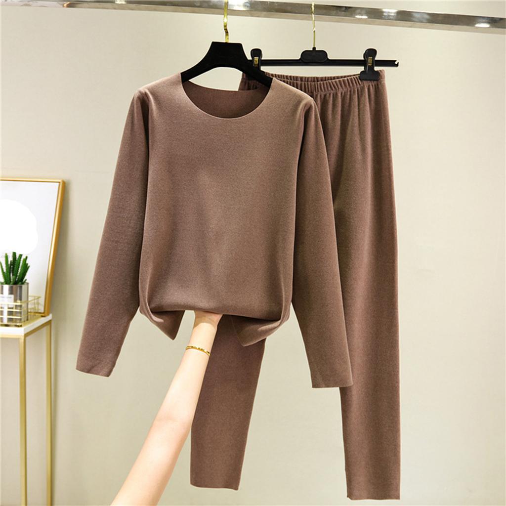 Ladies' Casual And Comfortable Long Sleeved Solid Color With Thick Velvet Sleepwear And Warm Pants Set