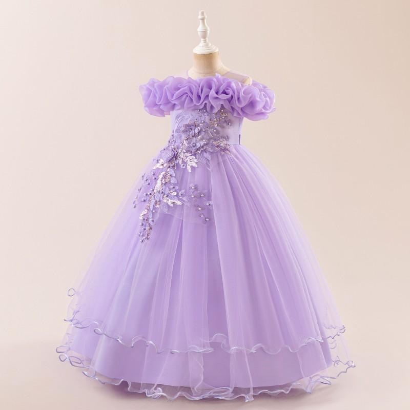 Girls Party Dress Sequin Flower One Shoulder Princess Gown Kids Formal Occasion Wear Weddings Pageants Stage
