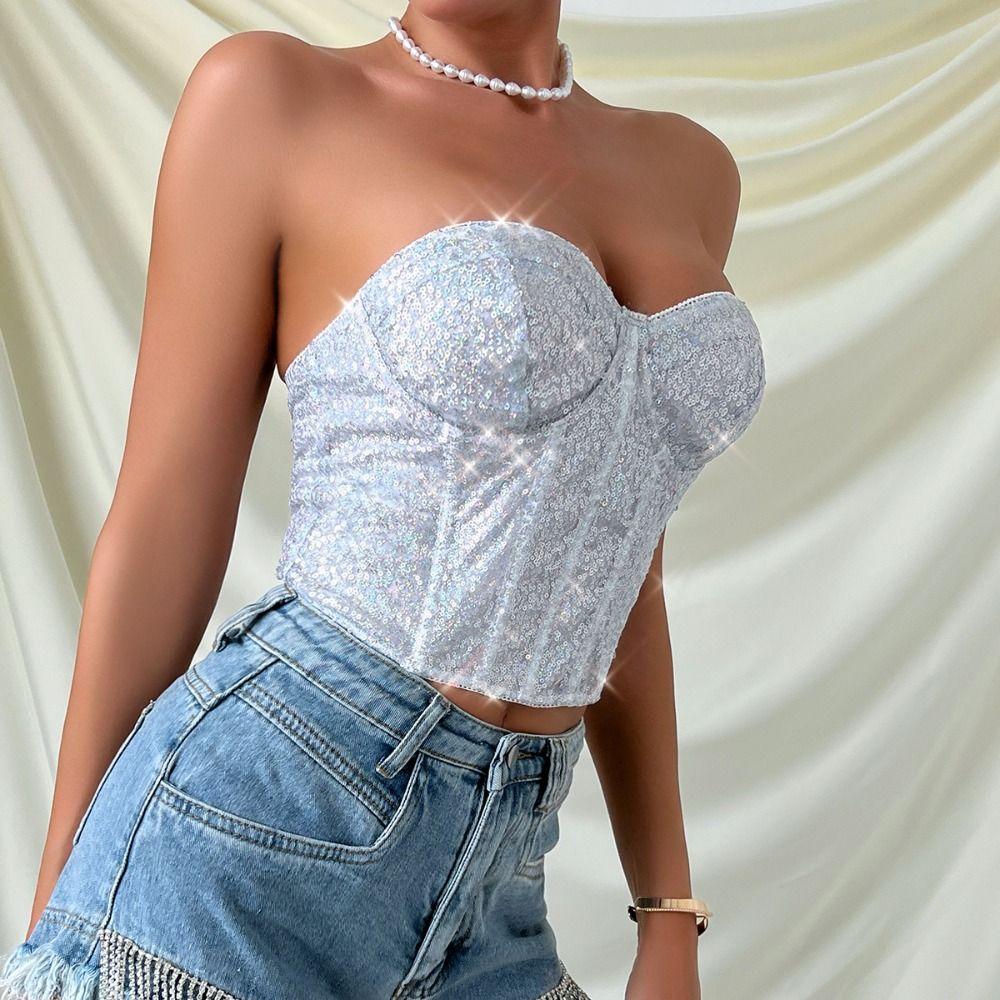Shiny Sequin Waist Shaper Black Female Street Wear Corset Bustier Top Women's Clothing Accessories