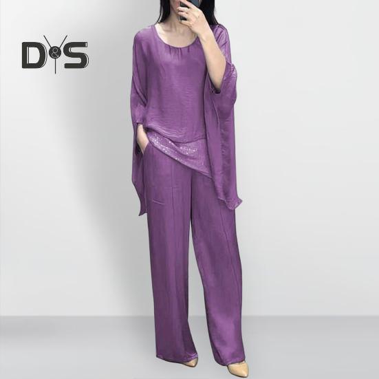 Женский повседневный костюм, топ, широкие брюки, свободный наряд для дома, вечеринки, офиса, с круглым вырезом, с рукавами «летучая мышь», комьютерный костюм