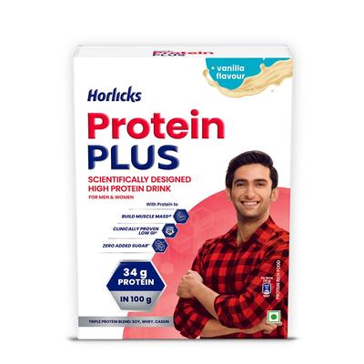 Horlicks Protein Plus Ванильный Высокобелковый Напиток для Взрослых, Банка 400 г, Поддержка Мышечной Массы и Силы