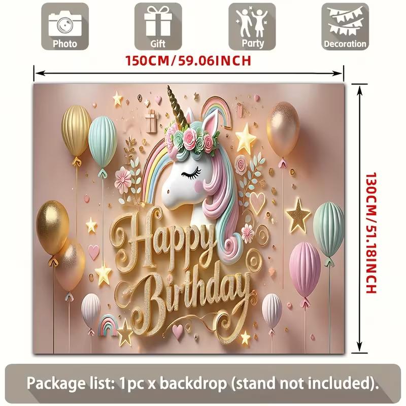 2D Pink Gold Unicorn Birthday Backdrop Rainbow Star Photoshoot Background