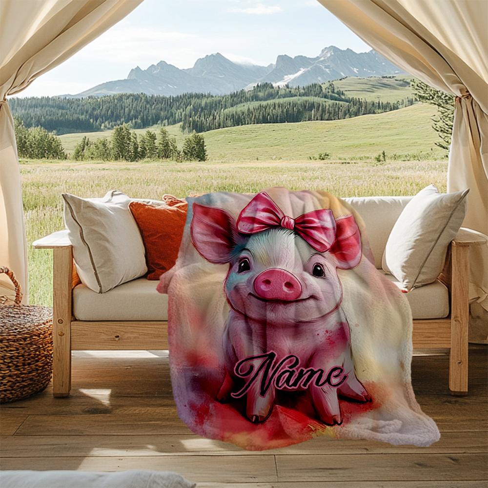 Cute Pig With Pink Bow And Colorful Background Personalized Outdoor Blanket Personalized Name Durable Comfort Suitable For Picnics Outdoor Travel And