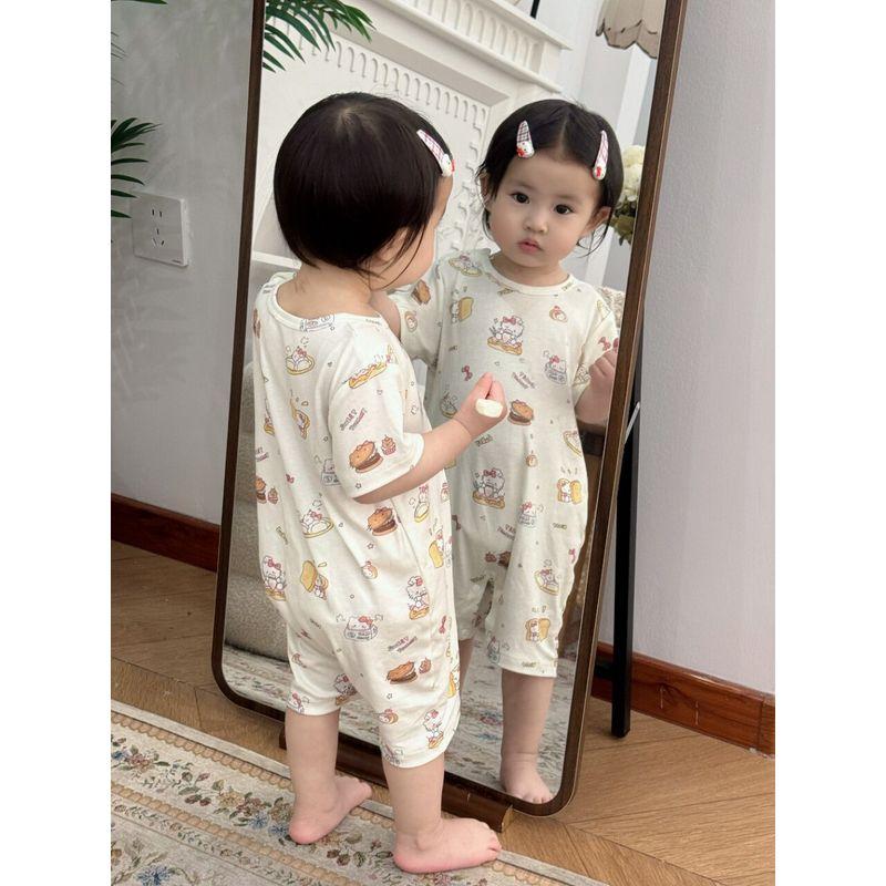 Cute Cartoon Cat Print Short-Sleeved Modal Romper for Infants and Toddlers in Summer