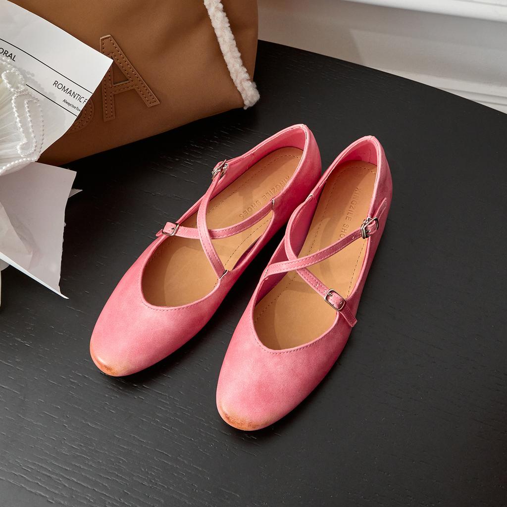 French Retro Cross Strap Mary Jane Shoes Women's Leather Single Shoes Spring Niche Shallow Mouth Flat Ballet Grandma Shoes