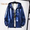 Men Shiny Glossy Coat Hooded Long Sleeve Teenager Coat with Adjustable Drawstrings Cuffed Sleeves Bright Surface Jacket