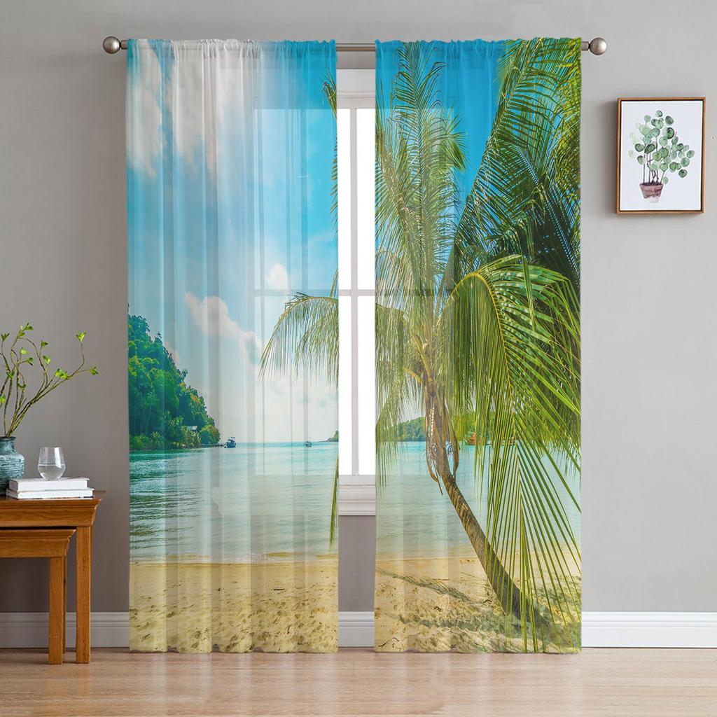 Beach Sky Clouds Coconut Trees Sea Landscape Curtains Tulle For Living Room Bedroom Kitchen Chiffon Sheer Window Treatment Decor