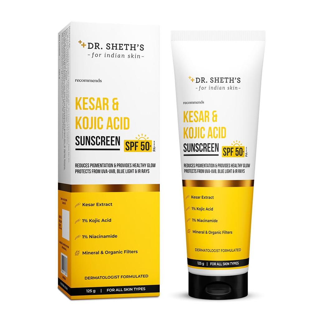 Доктор. Солнцезащитный крем Sheth's Kesar & Kojic Acid SPF 50+ Pa++++ | С 2% койевой кислоты | Для кожи без пигментации | Легкий и нежирный | Для UVA/UVB