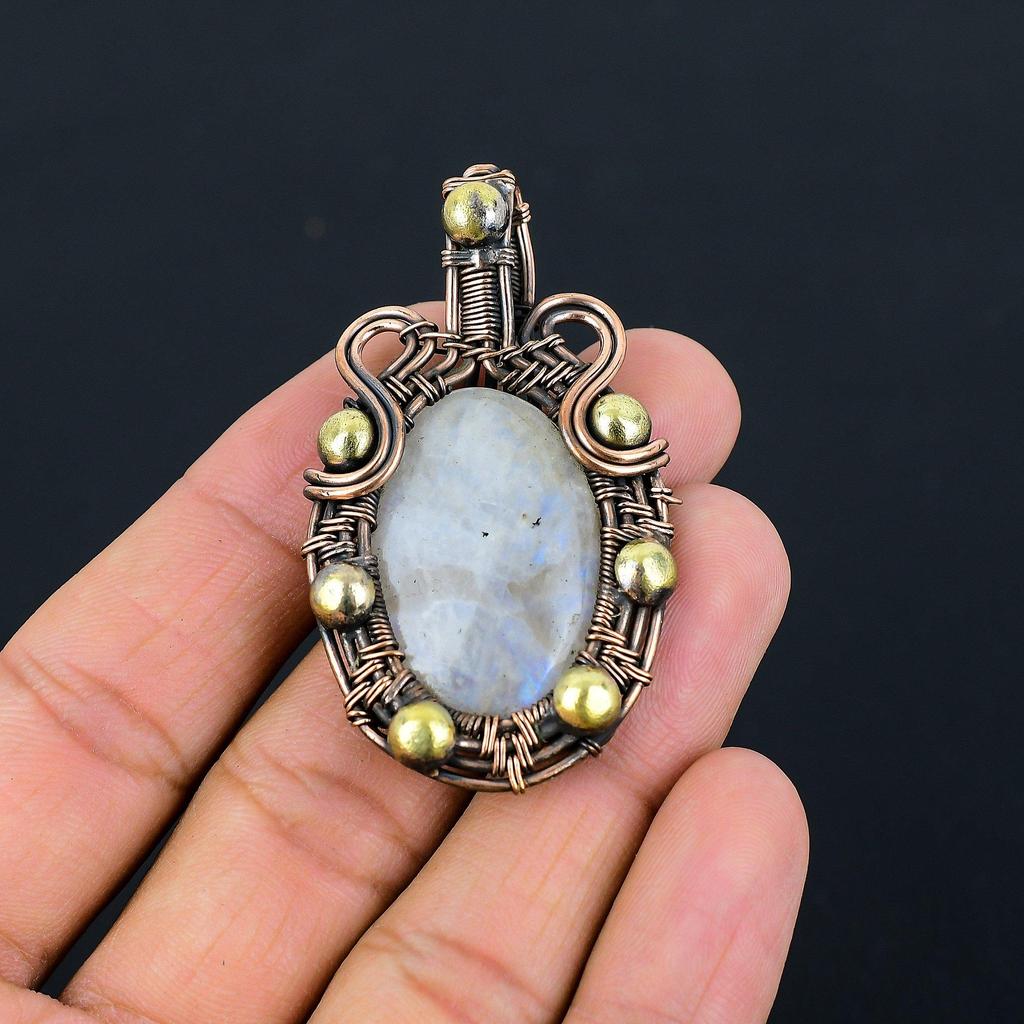 Лунный камень Драгоценный камень Чистая медная проволока Обернутая ювелирная подвеска ручной работы