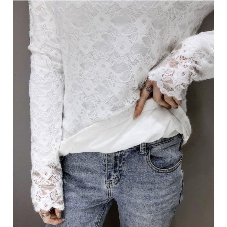 Модные женские топы больших размеров с высоким воротом и кружевом на бретельках, весна и осень, симпатичный однотонный топ-майка