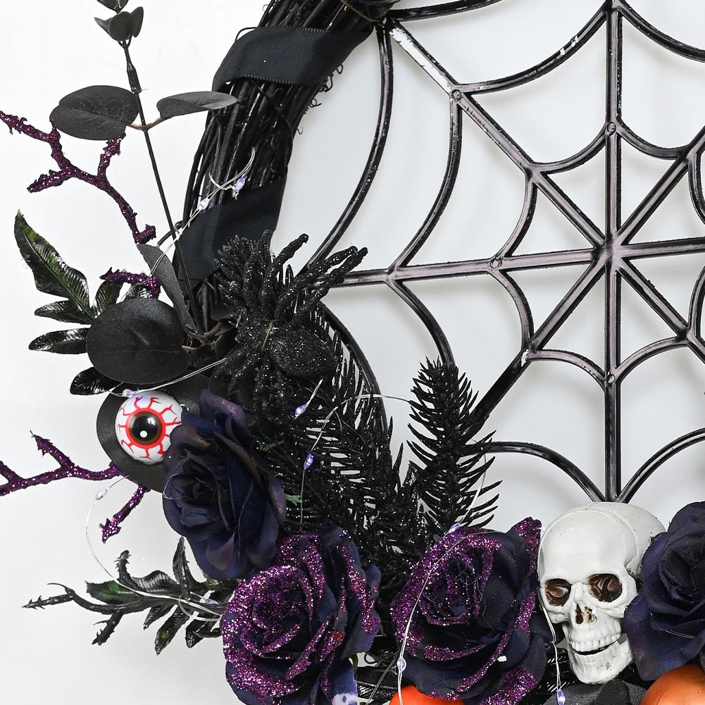 Halloween Wreath With Led Lights, Scary Halloween Rose Web Wreath Horror Skull Vine Wreath Decoration For Front Door Walls Fireplace Windows