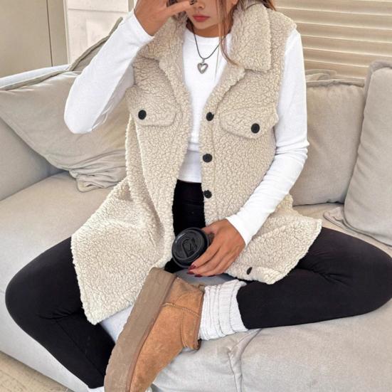 Women's Fuzzy Fleece Vest Casual Oversized Sleeveless Sherpa Jacket Button Down Fluffy Vest
