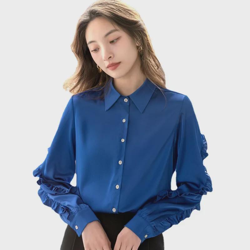 Новая женская приталенная однотонная универсальная рубашка с длинным рукавом для весны и осени