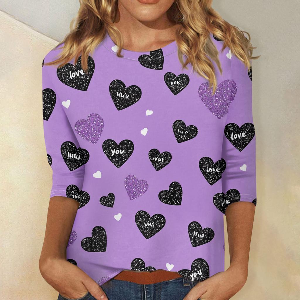 Женские топы с рукавом три четверти, рубашка на День святого Валентина, круглая горловина, свободная повседневная рубашка
