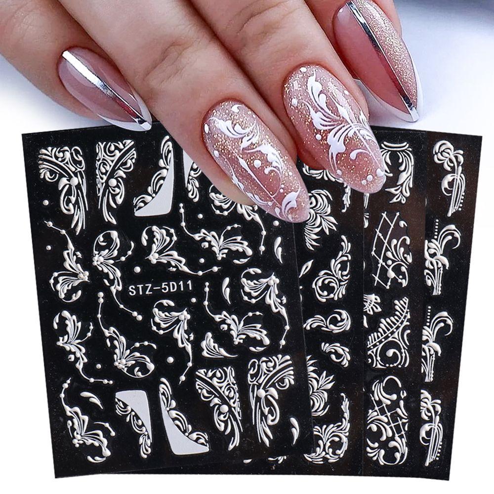 Adhesive Decals Winter Sliders Lace Embossed Flower Wedding Design Nail Stickers White 5D Acrylic