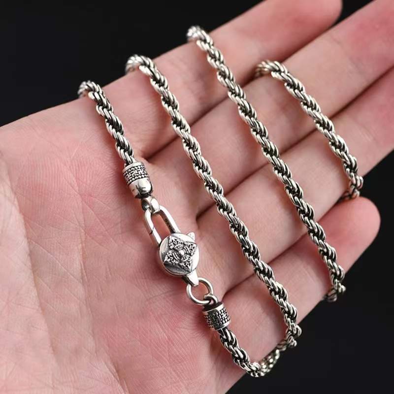 Тайское серебро 4 мм, круглое мужское ожерелье из пеньковой веревки S925, тайское серебро, винтажное классическое плетеное длинное ожерелье-цепочка, ювелирные изделия