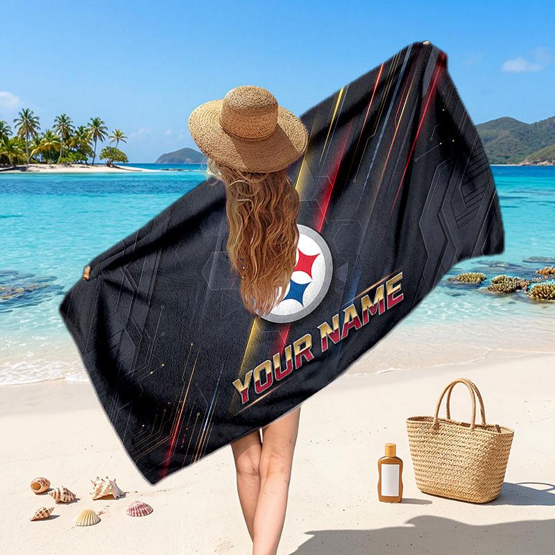 Pittsburgh Steelers Customized Name Text Beach Towel, Soft Absorbent Towel Beach Pool Travel Personal Gift