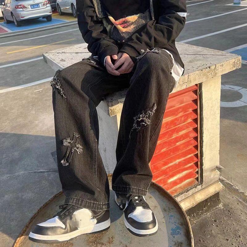 2023 New Trend Hip-hop Street Y2K Men's Pants High Street Loose Straight Casual Pants Fashion Men's Cross-patch Jeans Male S-3XL