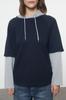 Женская модная стильная толстовка темно-синего цвета с блокировкой оверсайз, широкий крой с капюшоном и рукавами, детальная толстая вязаная толстовка