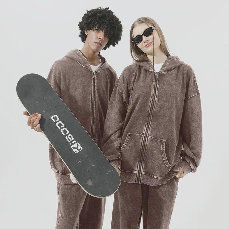 Толстовка с капюшоном из махровой ткани с потертостями на молнии, плотностью 350 г, большой размер, спущенное плечо, хлопок в стиле ретро