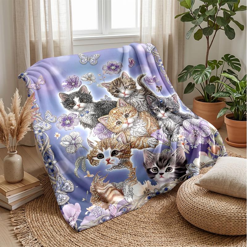 Kitten with Heart and Roses Theme blanket Lightweight Warm Flannel Blanket Decorative Throw Blanket for Home Decoration