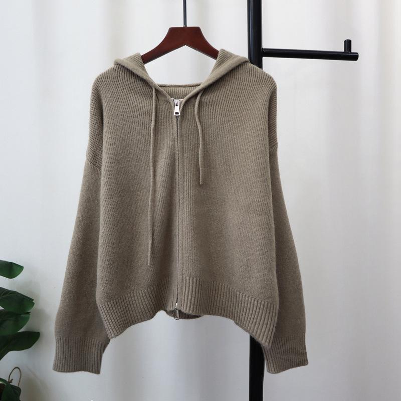 Double Zipper Hooded Knitted Cardigan Autumn and Winter New Short Design Loose Sweater Jacket Women