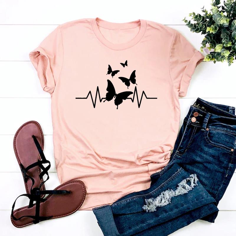 (Азиатский размер)Футболка в стиле Love Heart Butterfly, повседневная женская футболка с коротким рукавом и принтом, женская модная футболка, женская футболка с графическим рисунком