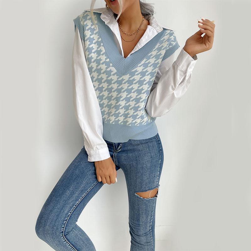 YYFS Women's Fashion Casual Houndstooth Print Autumn Winter Sleeveless V-Neck Sweaters