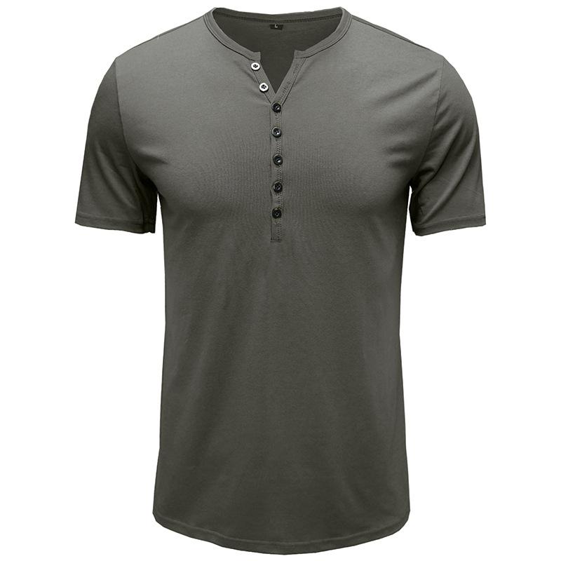 Men Henley Collar Short Sleeve Solid Color Slim Fit Button Placket Casual Basic T Shirt